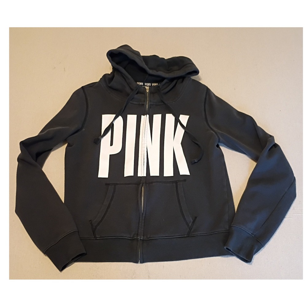 Victoria's Secret PINK Black Full Zip Hoodie White Logo Sweatshirt Womens Medium